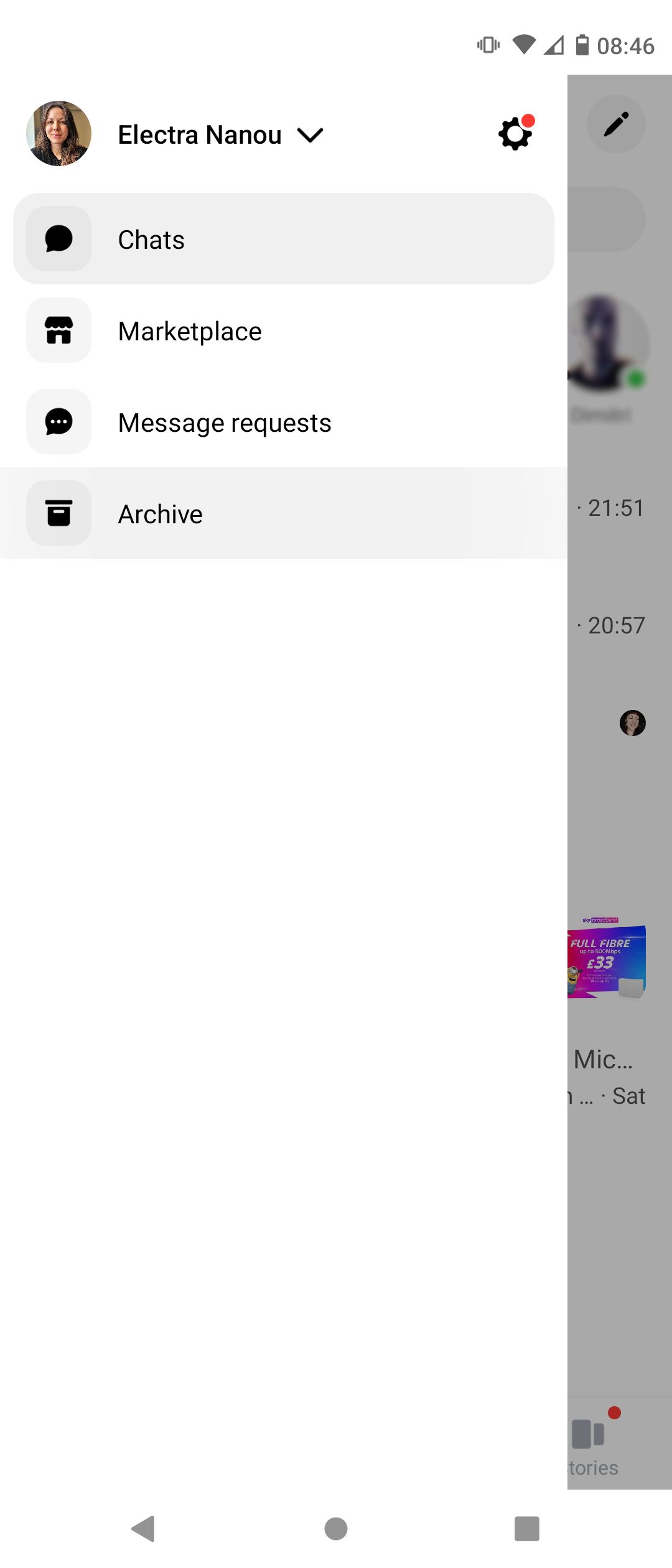 Archive Option in Messenger Mobile App Menu