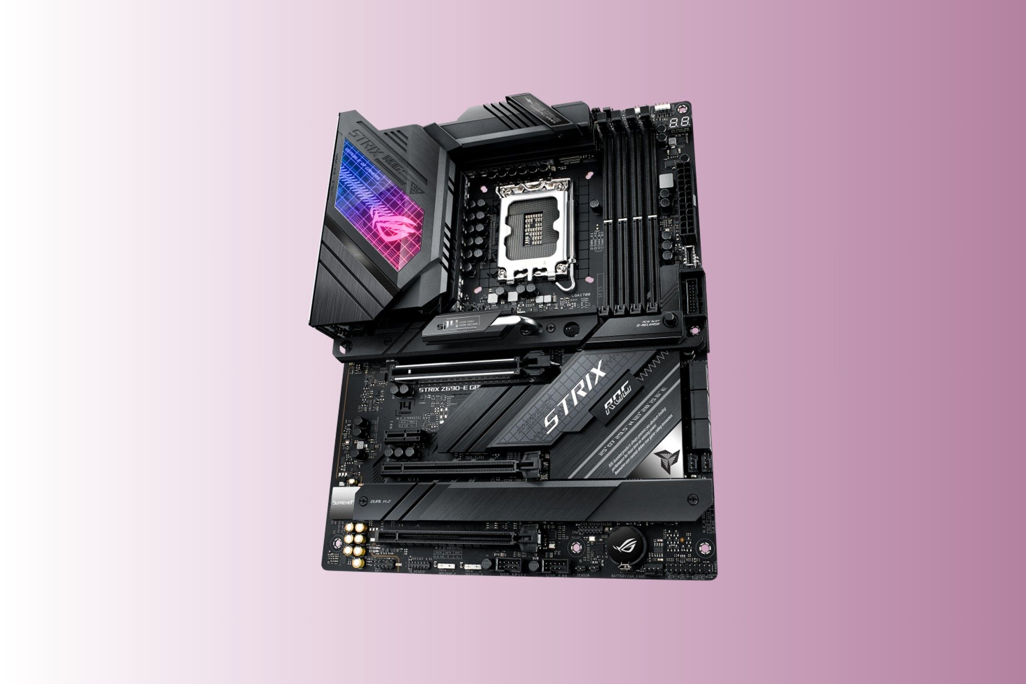 The ASUS ROG Strix Z690-E Gaming motherboard on a lilac background.