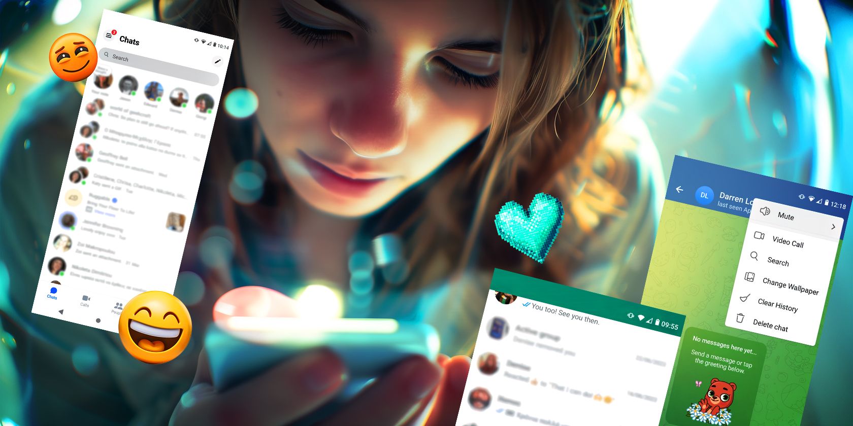A girl engrossed in her phone with colorful chat app interfaces floating around, highlighted by vibrant, glowing effects.