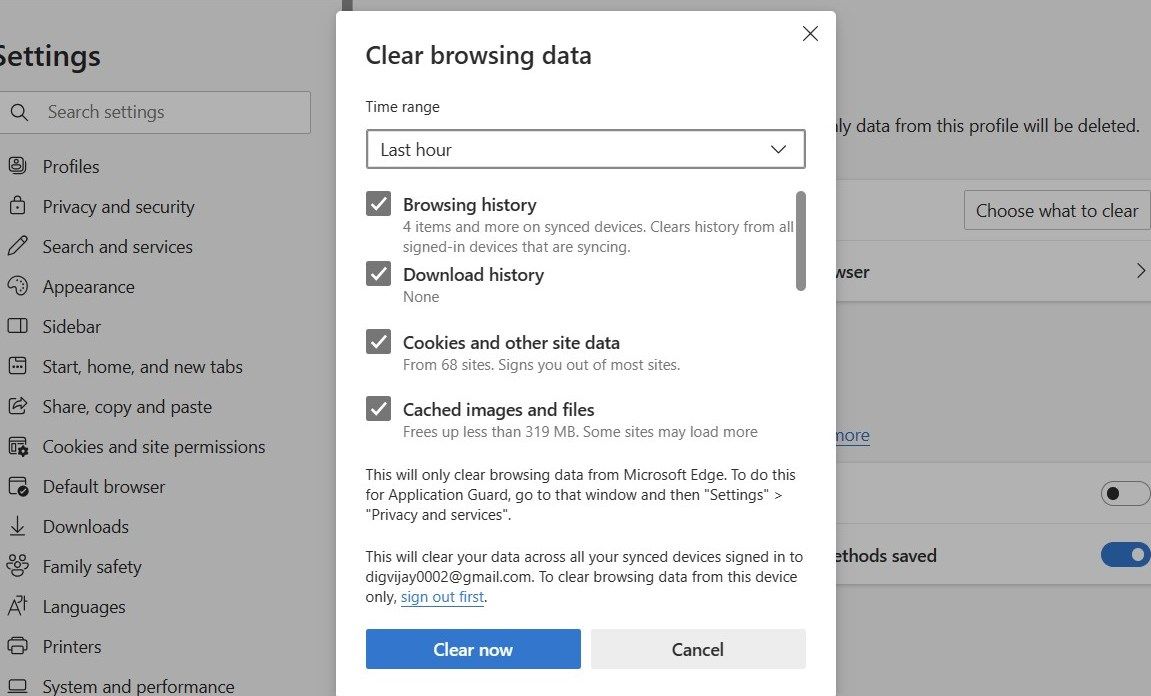 Clearing Browser Data on Edge