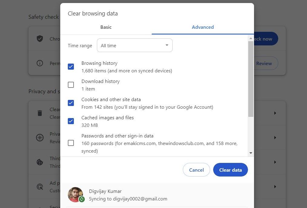 Clearing Chrome Browsing Data