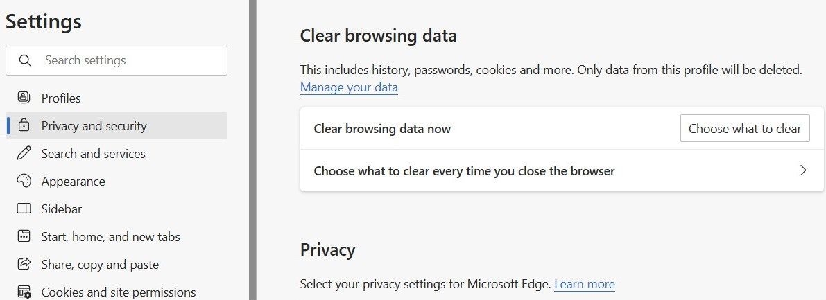 Clearing Microsoft Edge Browsing Data