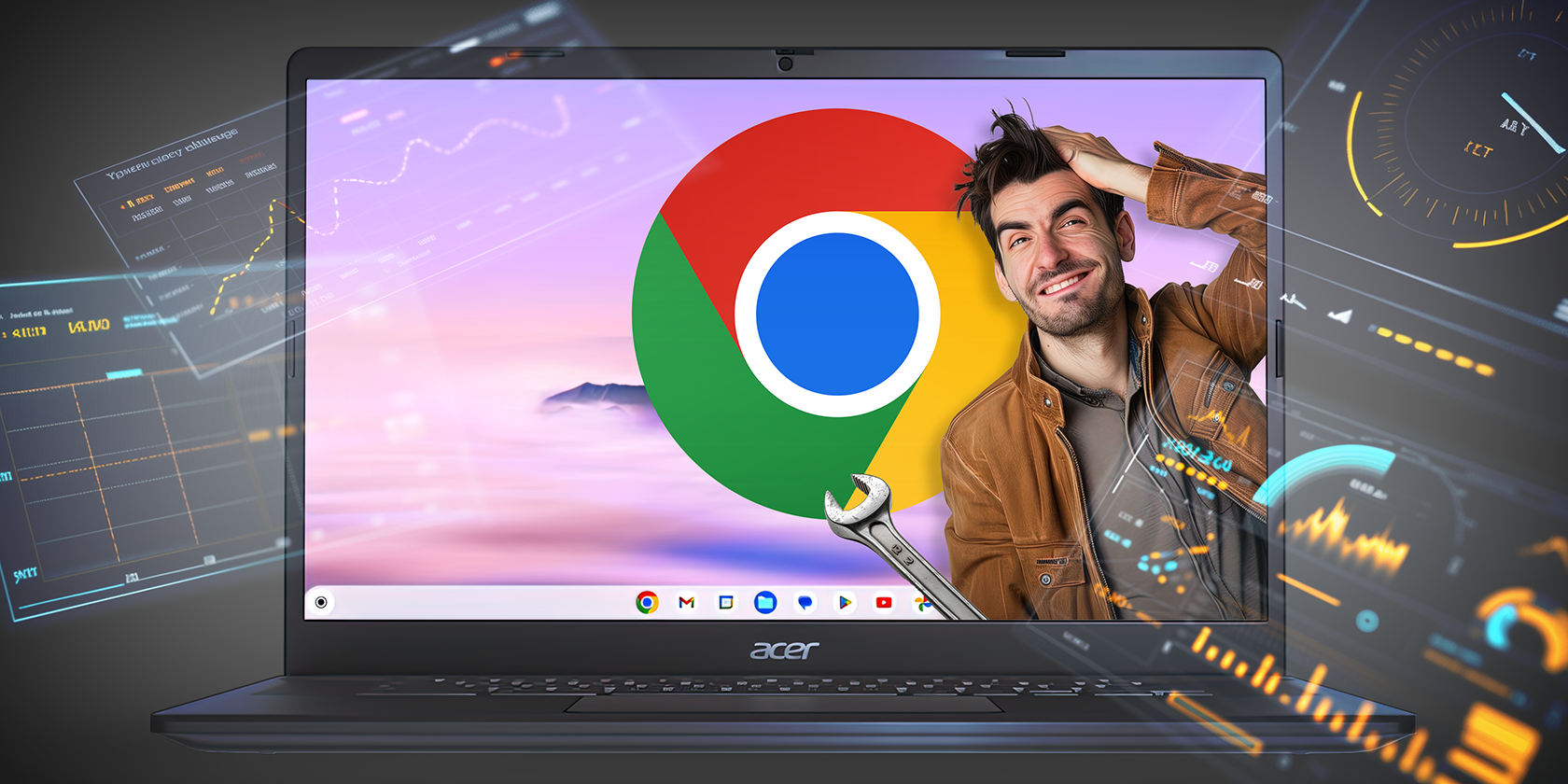 A man emerging from a Chrome browser on a laptop, holding a wrench, surrounded by digital graphics.