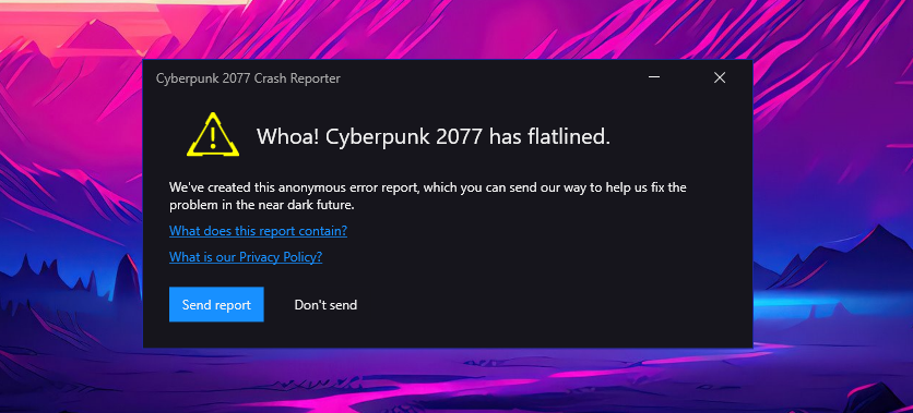 پیام خرابی Cyberpunk 2077 در ویندوز