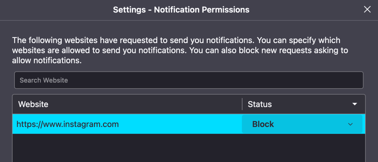 disabling notifications from Instagram on Firefox
