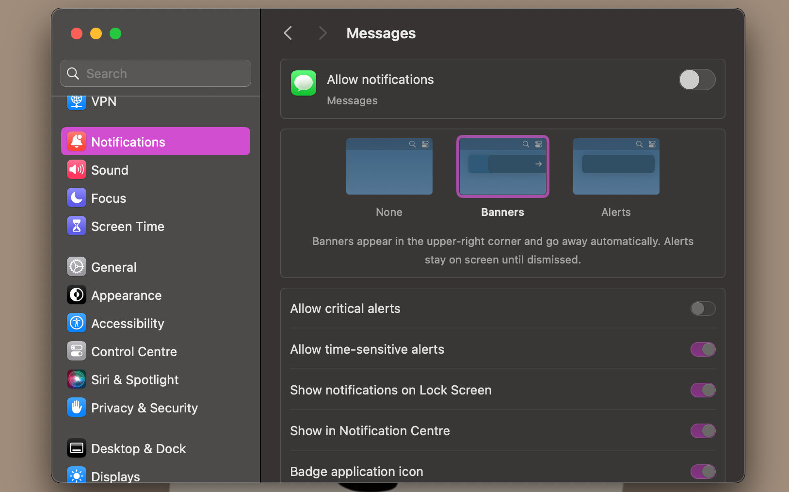 disabling notifications from the Messages app on Mac
