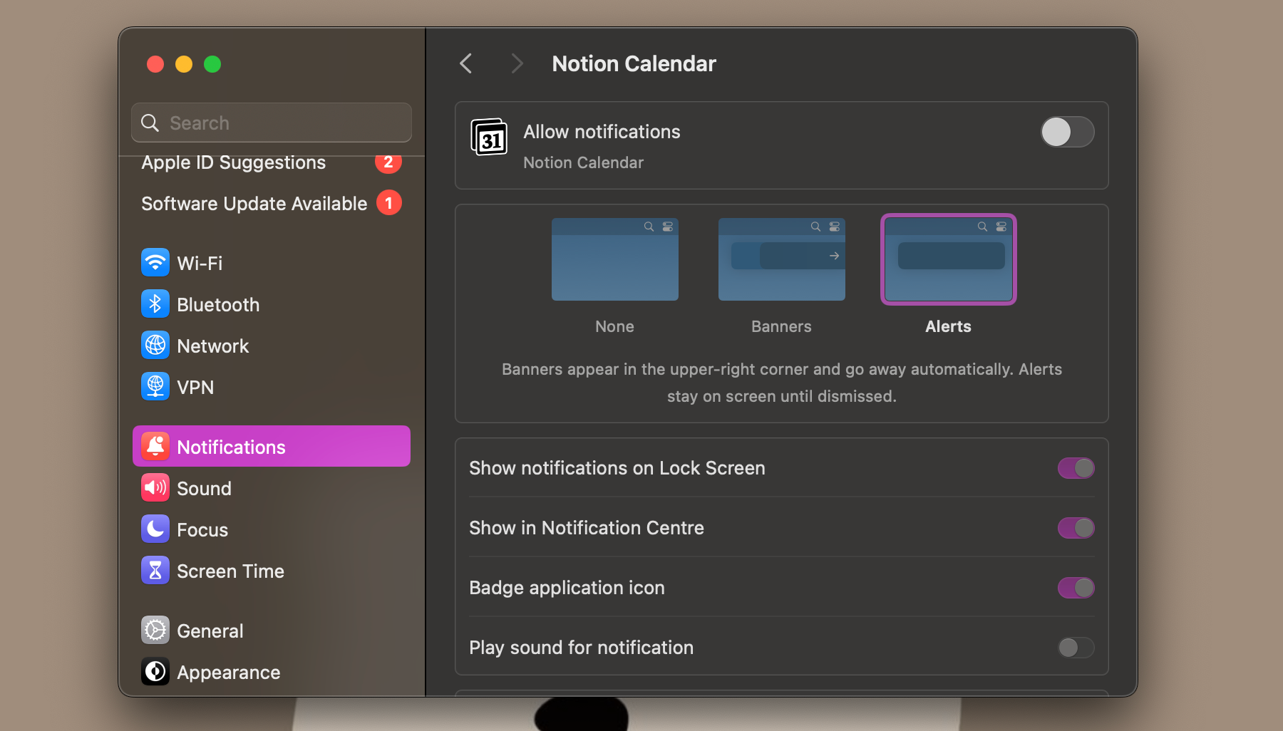 disabling Notion Calendar notifications on macOS