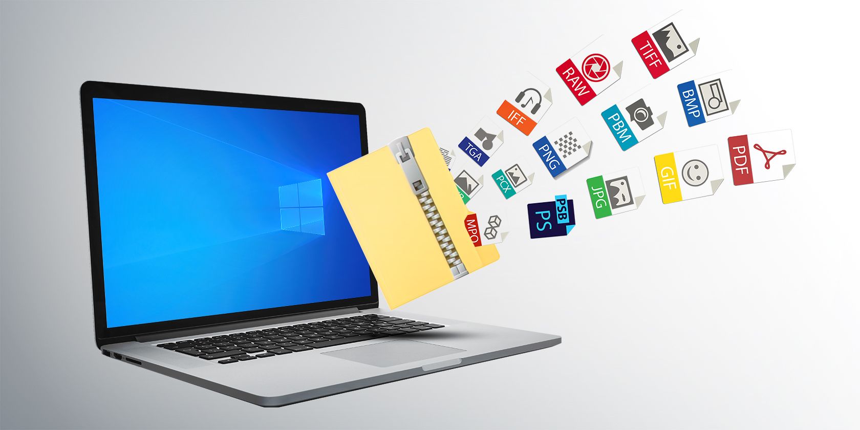 A laptop screen displays various file format icons flowing from a folder, symbolizing file transfer or organization.