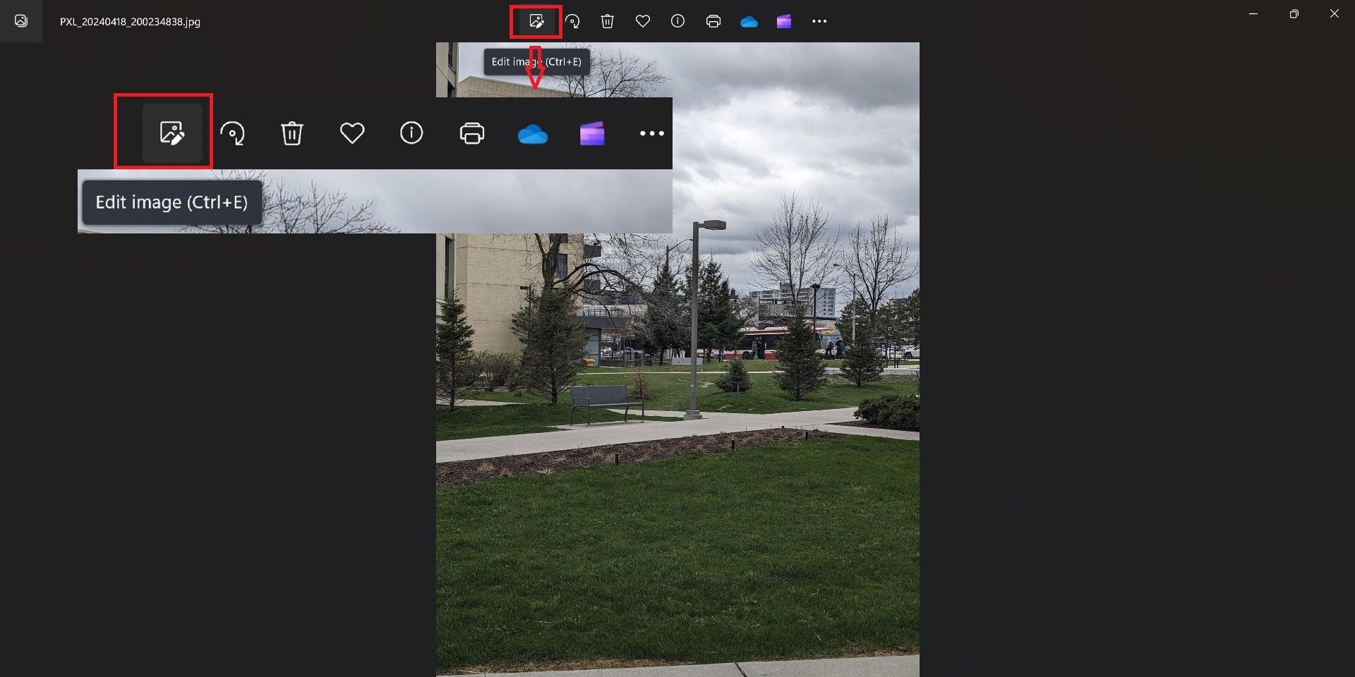 تصویری که دکمه ویرایش را در برنامه Windows Photos برجسته می کند