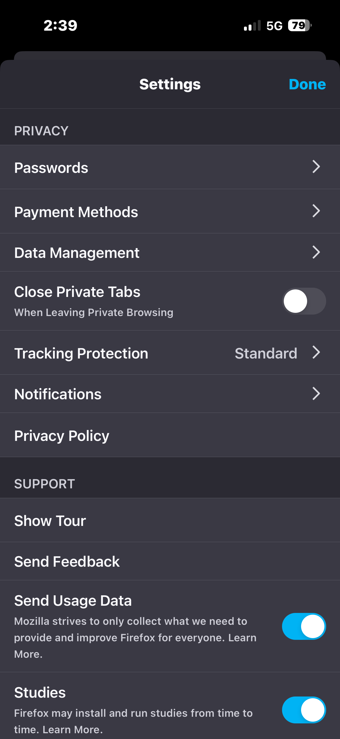Firefox Data Management on iOS