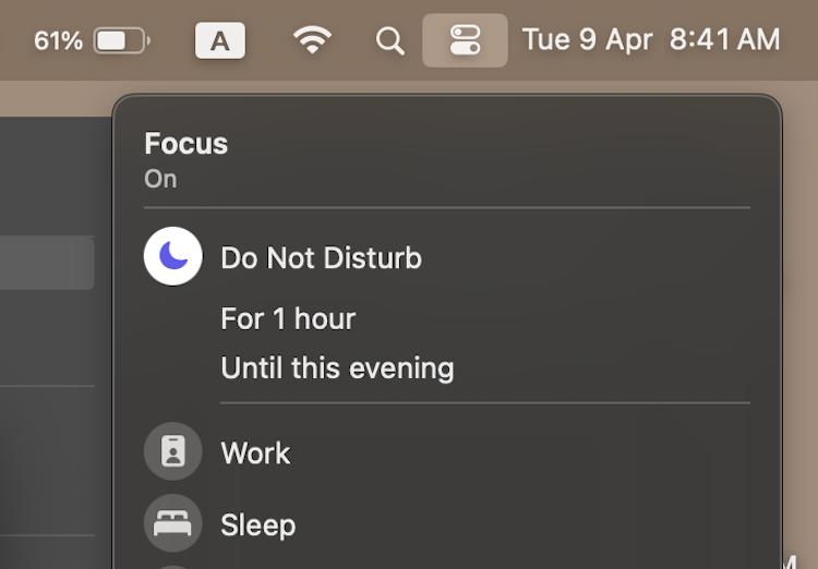 Focus modes in Control Center on macOS