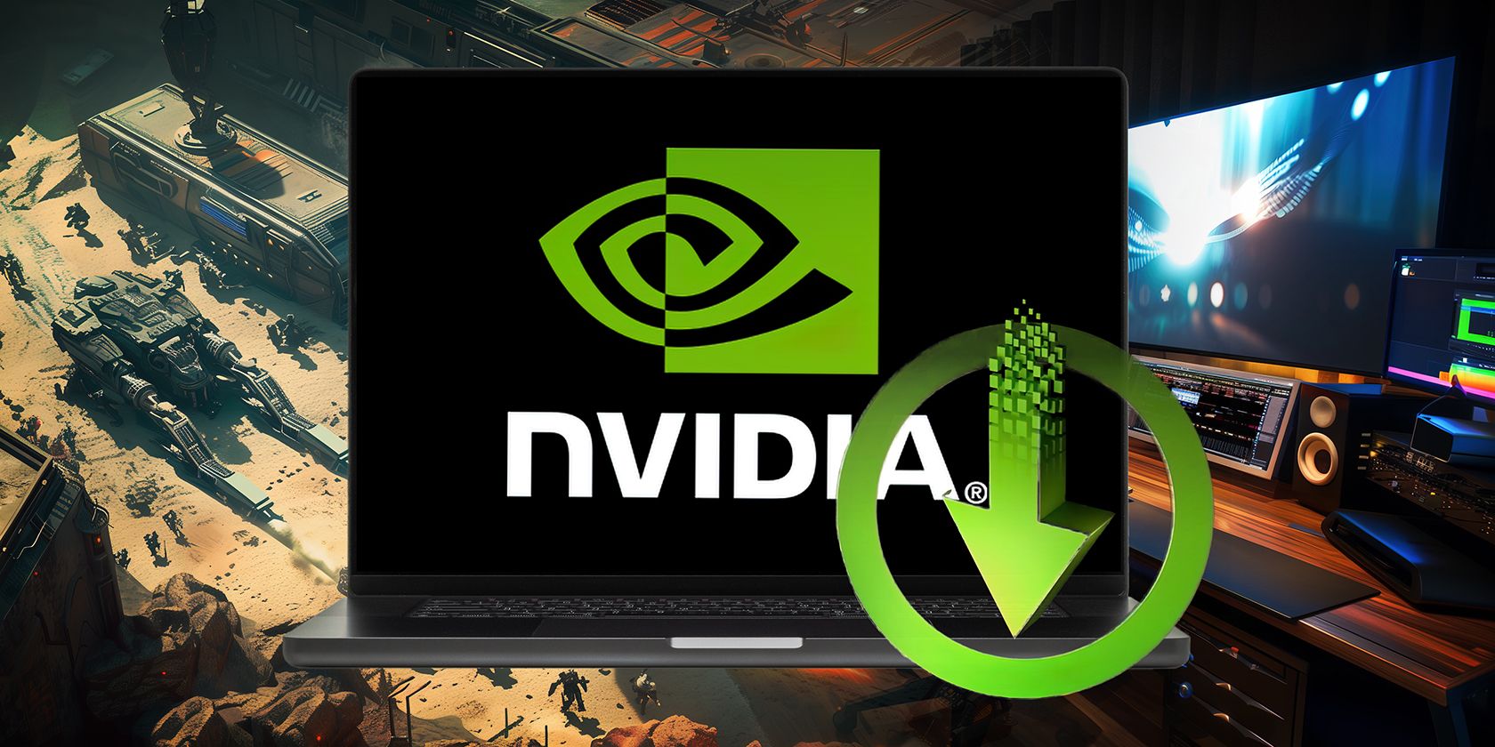 A laptop screen displays the NVIDIA logo with a download icon, set against a gaming setup backdrop.