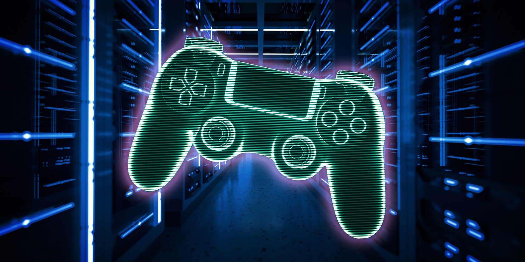 A neon green outline of a game controller floats in a blue-lit server room hallway.