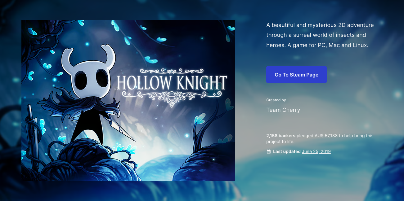 تصویری که کمپین کیک استارتر Hollow Knight را نشان می دهد.