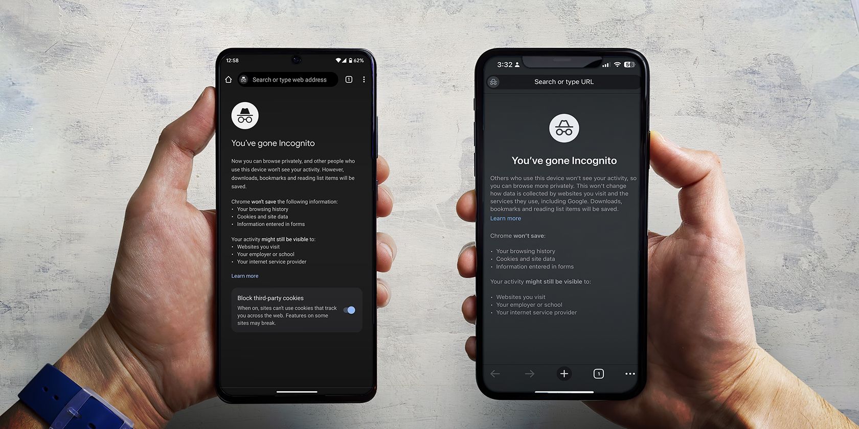 Two hands hold a smartphone and iphone with the incognito browsing mode screens displayed, promoting web privacy.