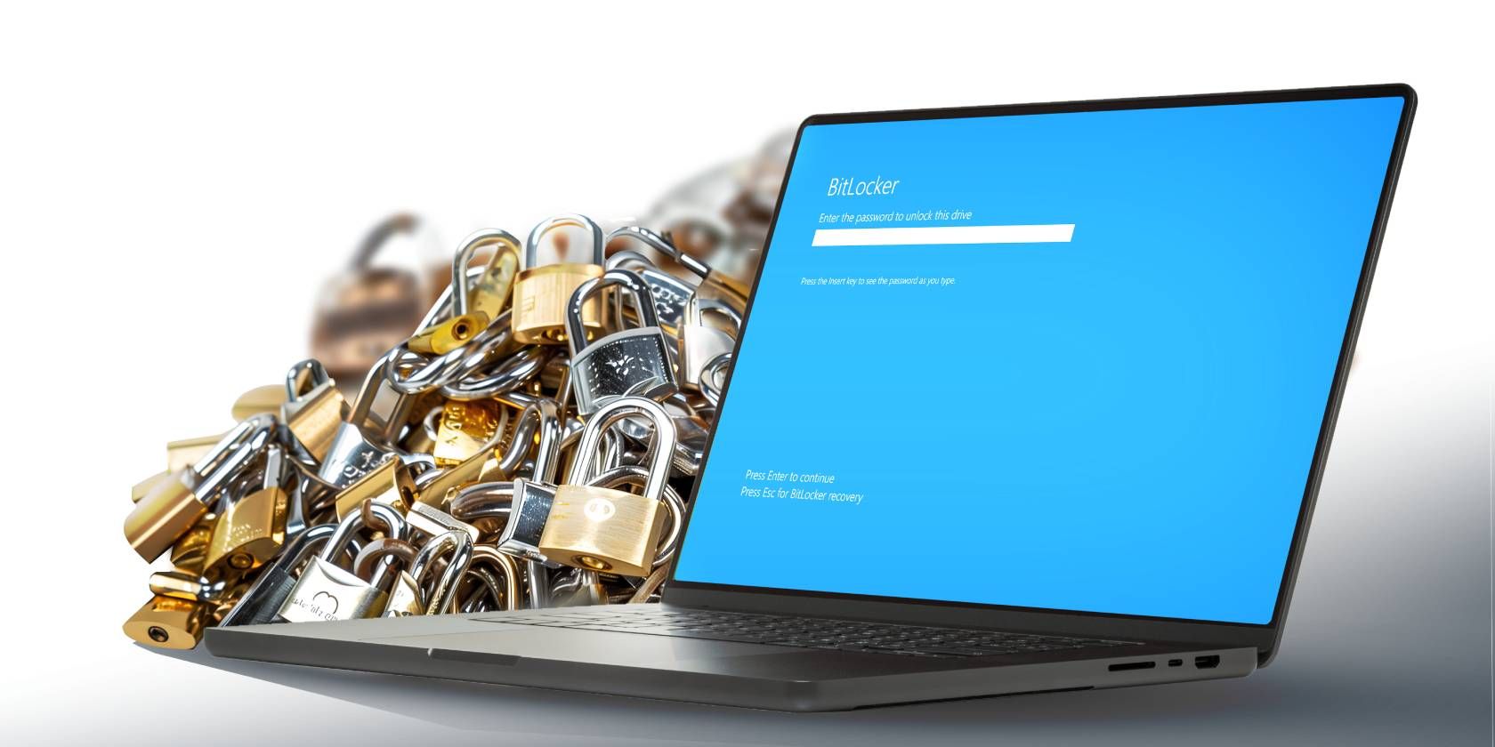 A laptop screen with a password entry field overlays a pile of metallic padlocks, symbolizing digital security. 