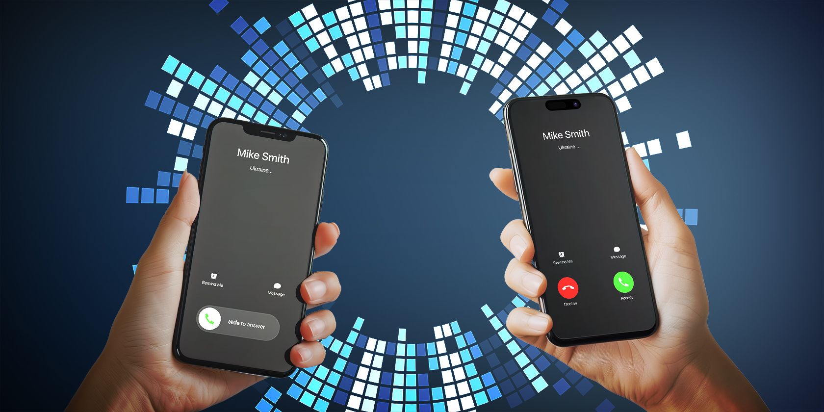 Two hands hold a smartphone and an iphone facing each other with an incoming call screen from 