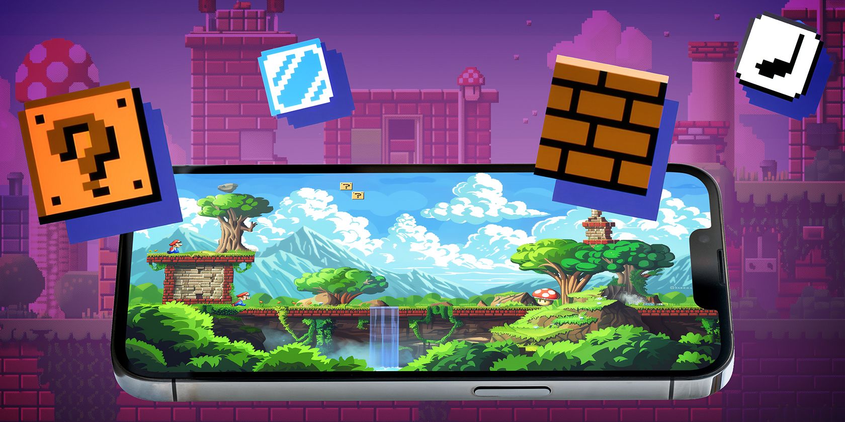 An iphone displaying a classic platform game landscape with pixelated game icons floating around it against a backdrop of pixel art scenery.