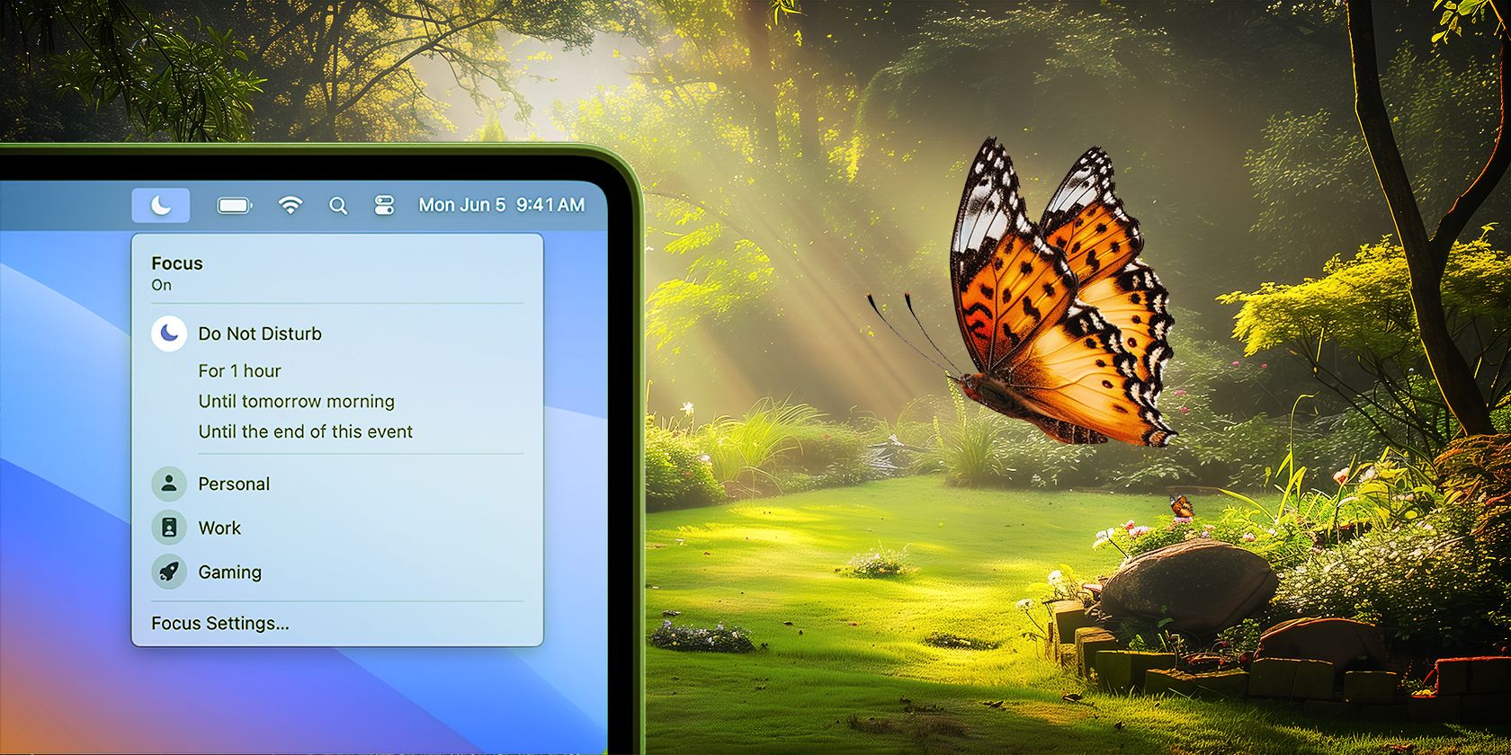 A digital device screen with a 'Focus' settings menu on the left and a vibrant butterfly in a sunny garden background.