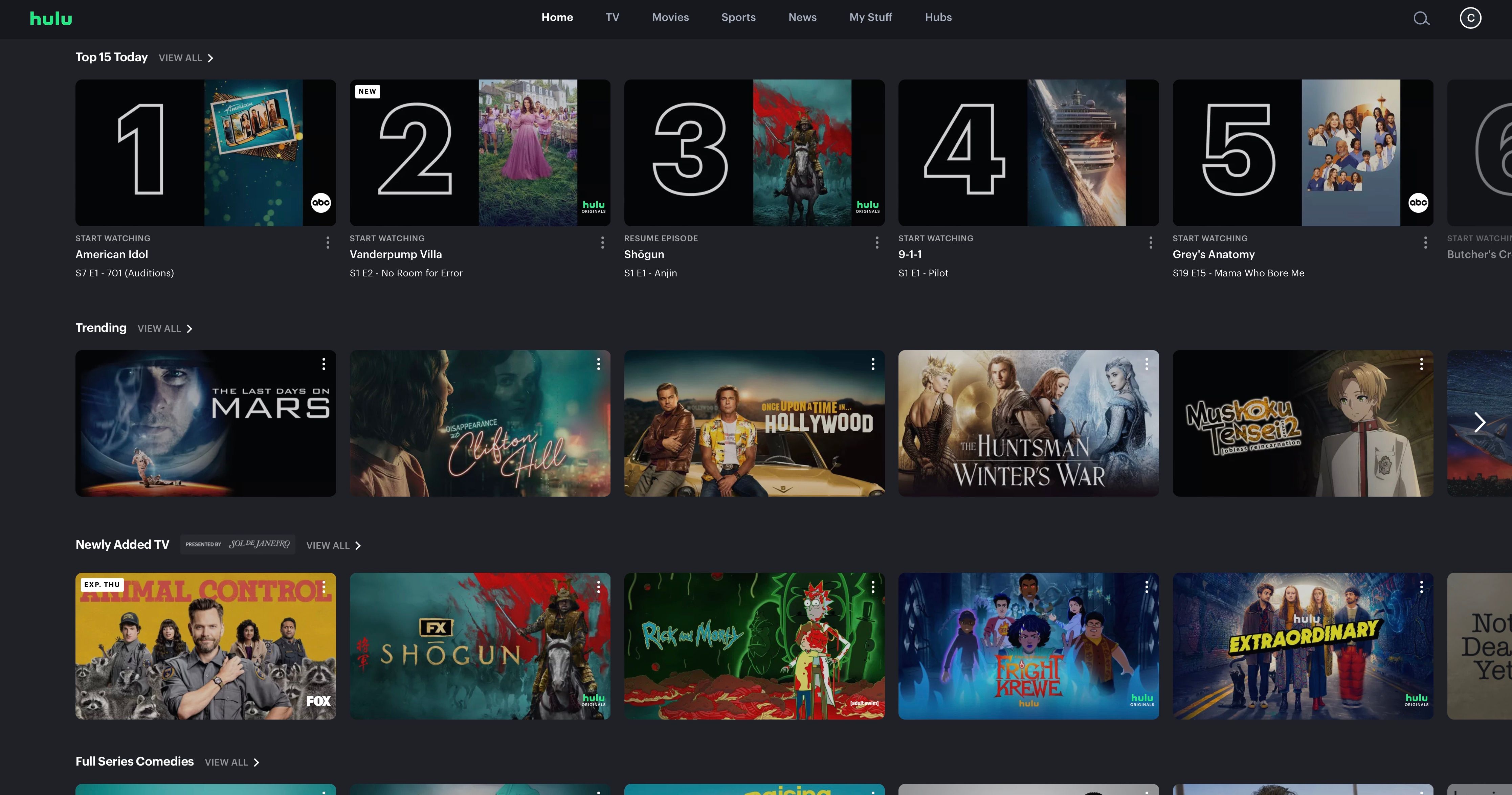 Hulu home screen with top 5 today list