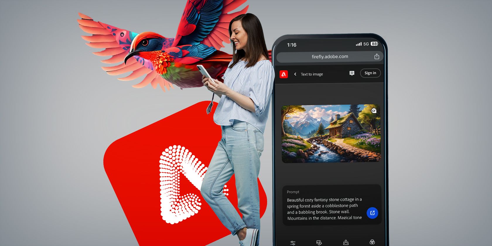 A woman interacts with a large, colorful bird illustration emerging from her tablet, with a creative app interface displayed on the screen.
