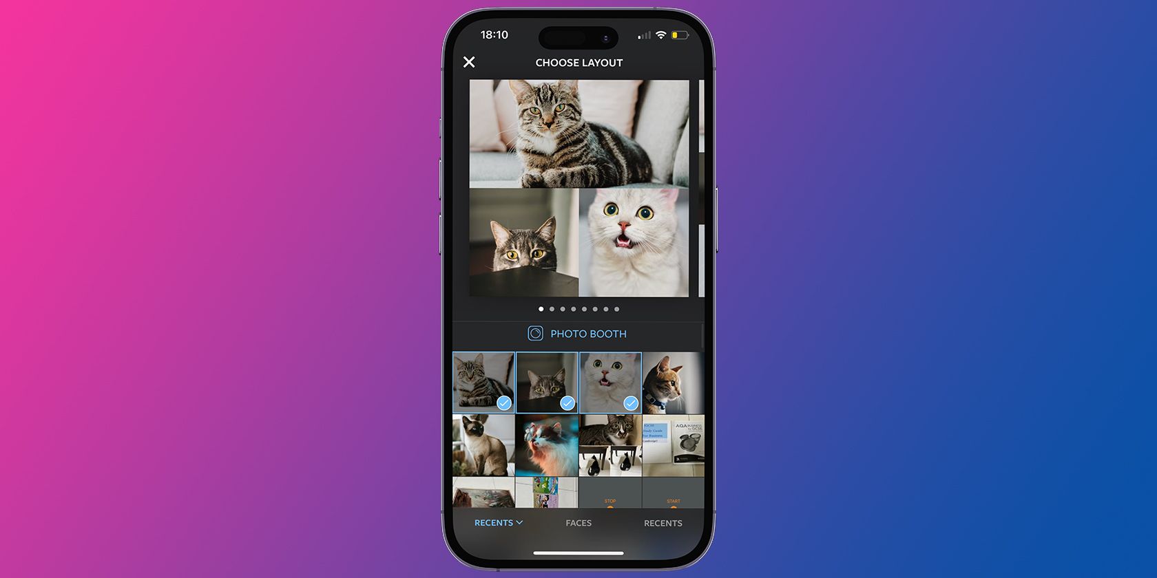 Instagram Layout app running on an iPhone with a gradient background
