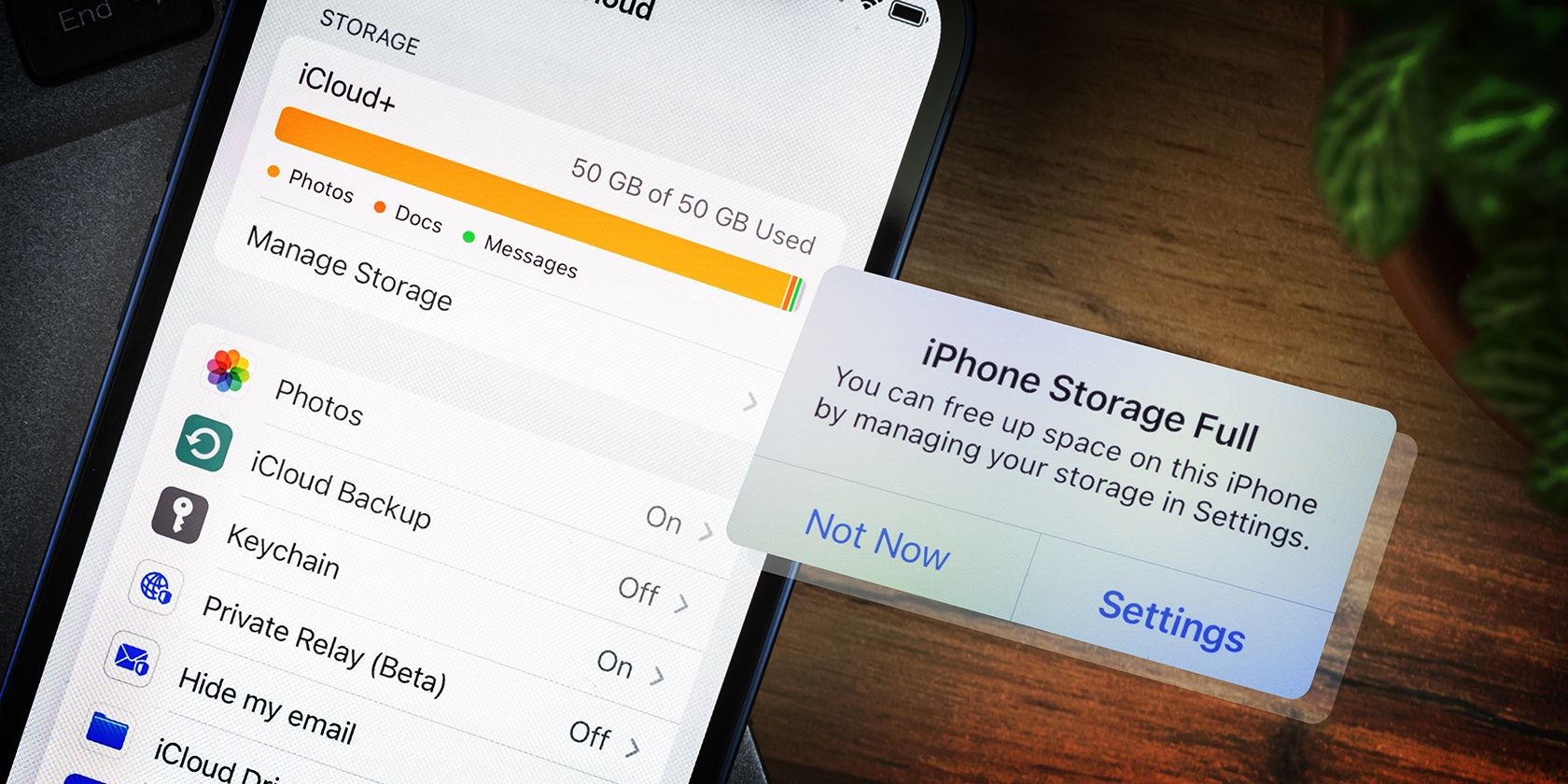 An iPhone displays a full storage warning and the iCloud storage settings, indicating that the device's capacity has been reached.