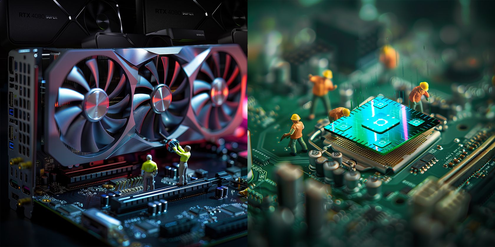 On the left, a high-end graphics card inside a computer setup, and on the right, miniature figures appear to be working on a motherboard with a prominent CPU.