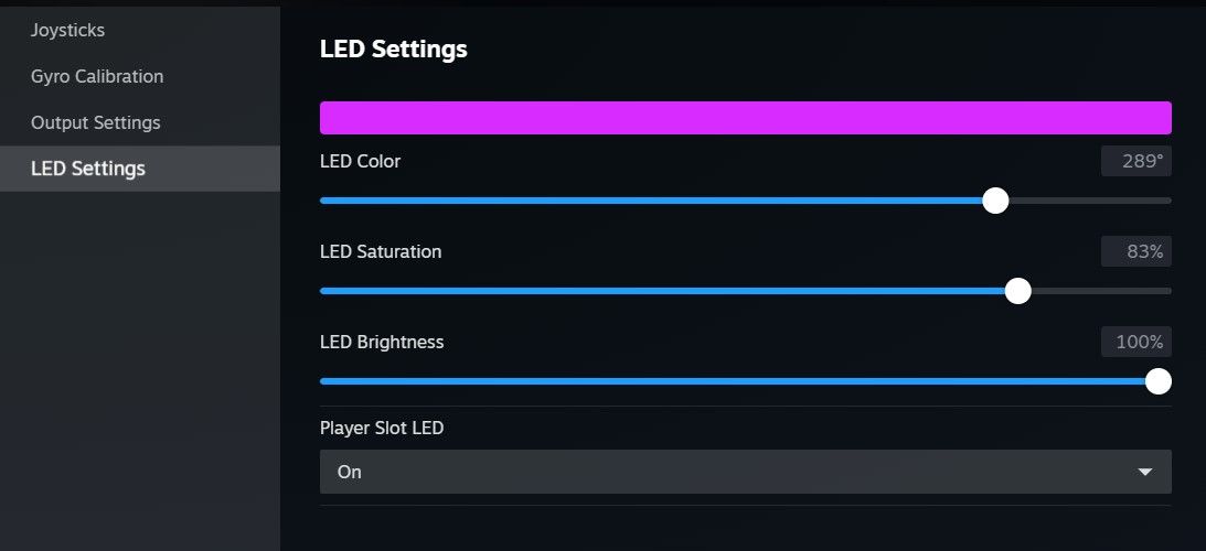 LED settings for the PS5 controller in Steam