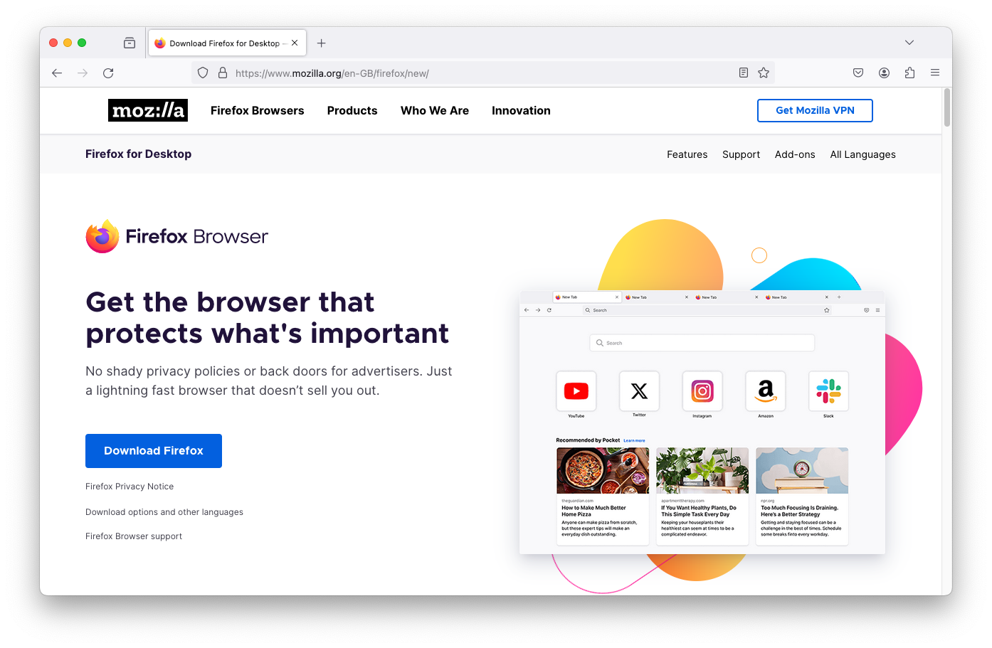 Firefox browser showing Firefox home page on Mac