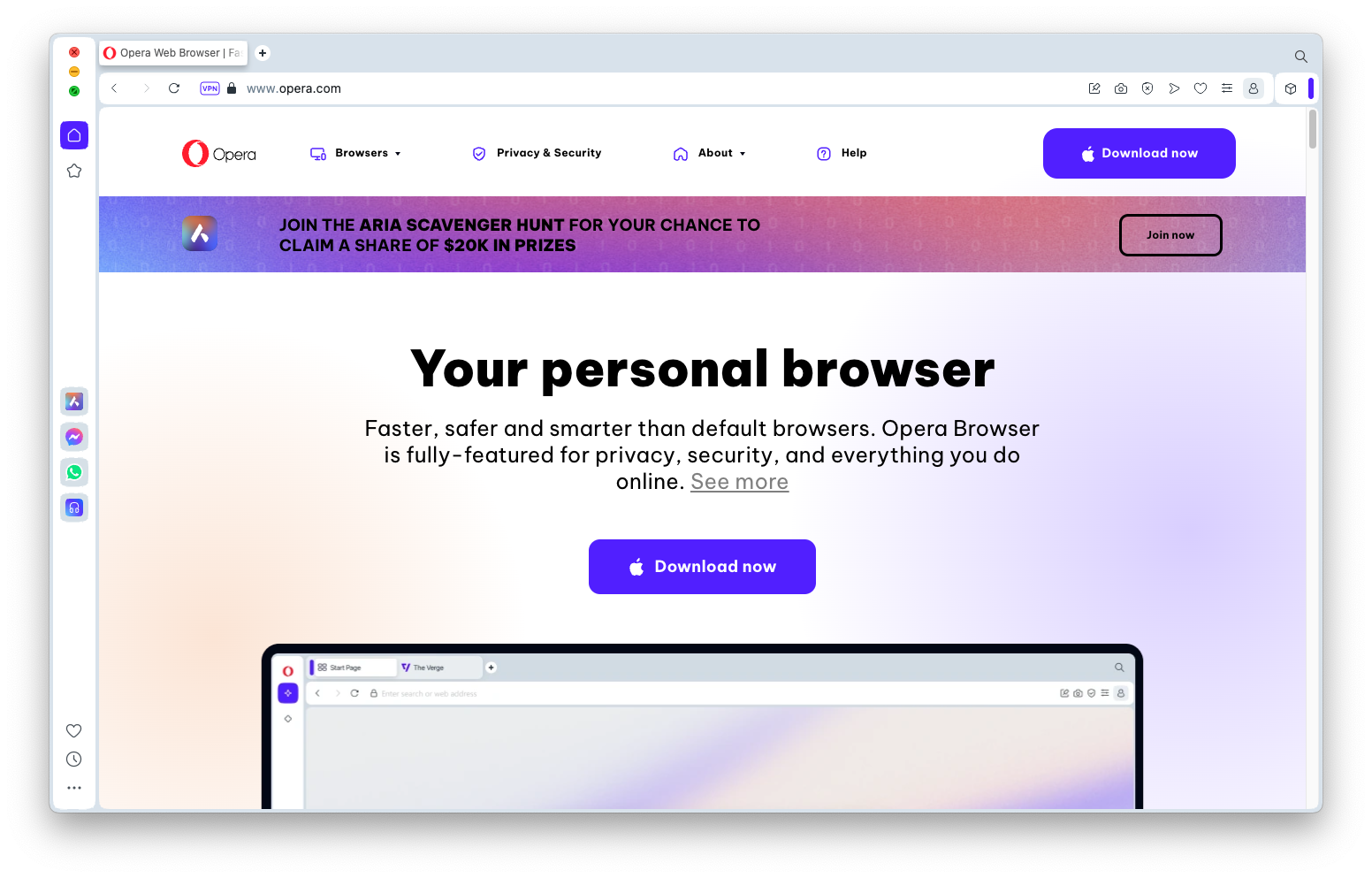 Opera browser showing Opera home page on Mac