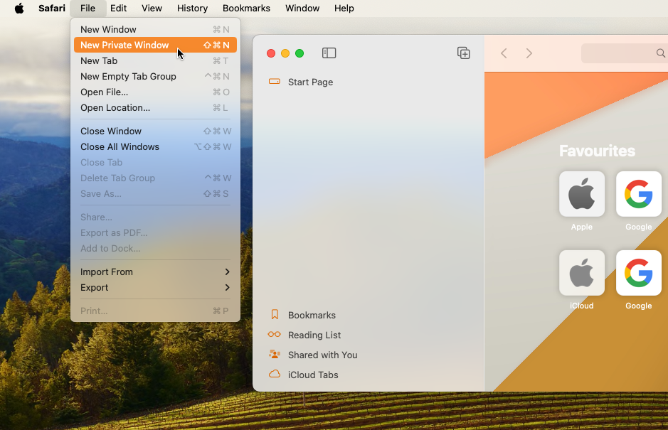 تصویری از سافاری در macOS که آیتم منوی New Private Window را نشان می دهد