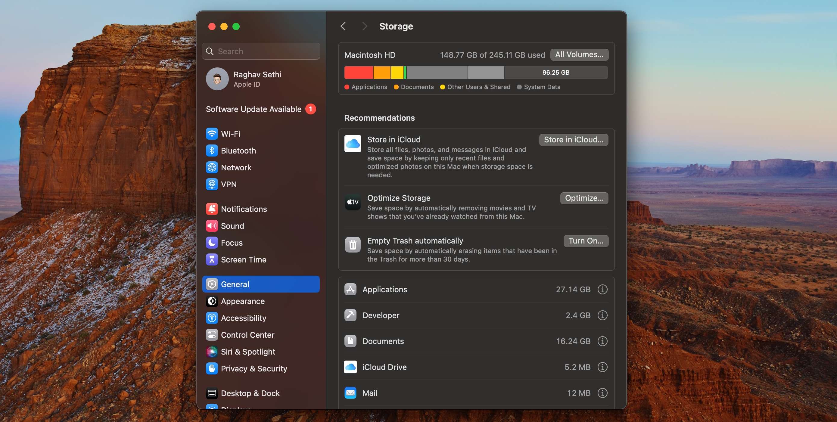 macOS System Settings menu showing the Storage section