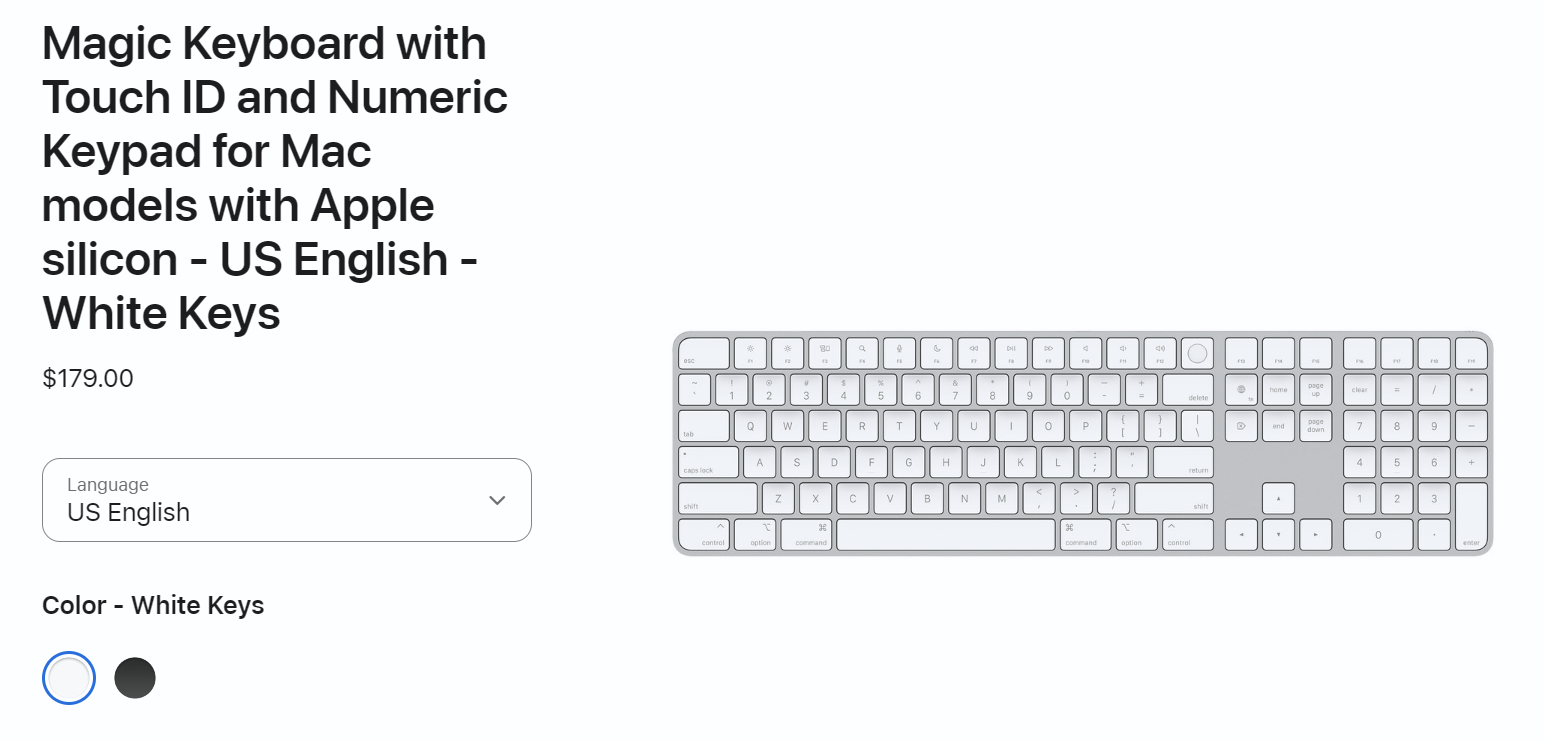 صفحه کلید جادویی با شناسه لمسی و صفحه کلید عددی لیست محصولات در وب سایت اپل