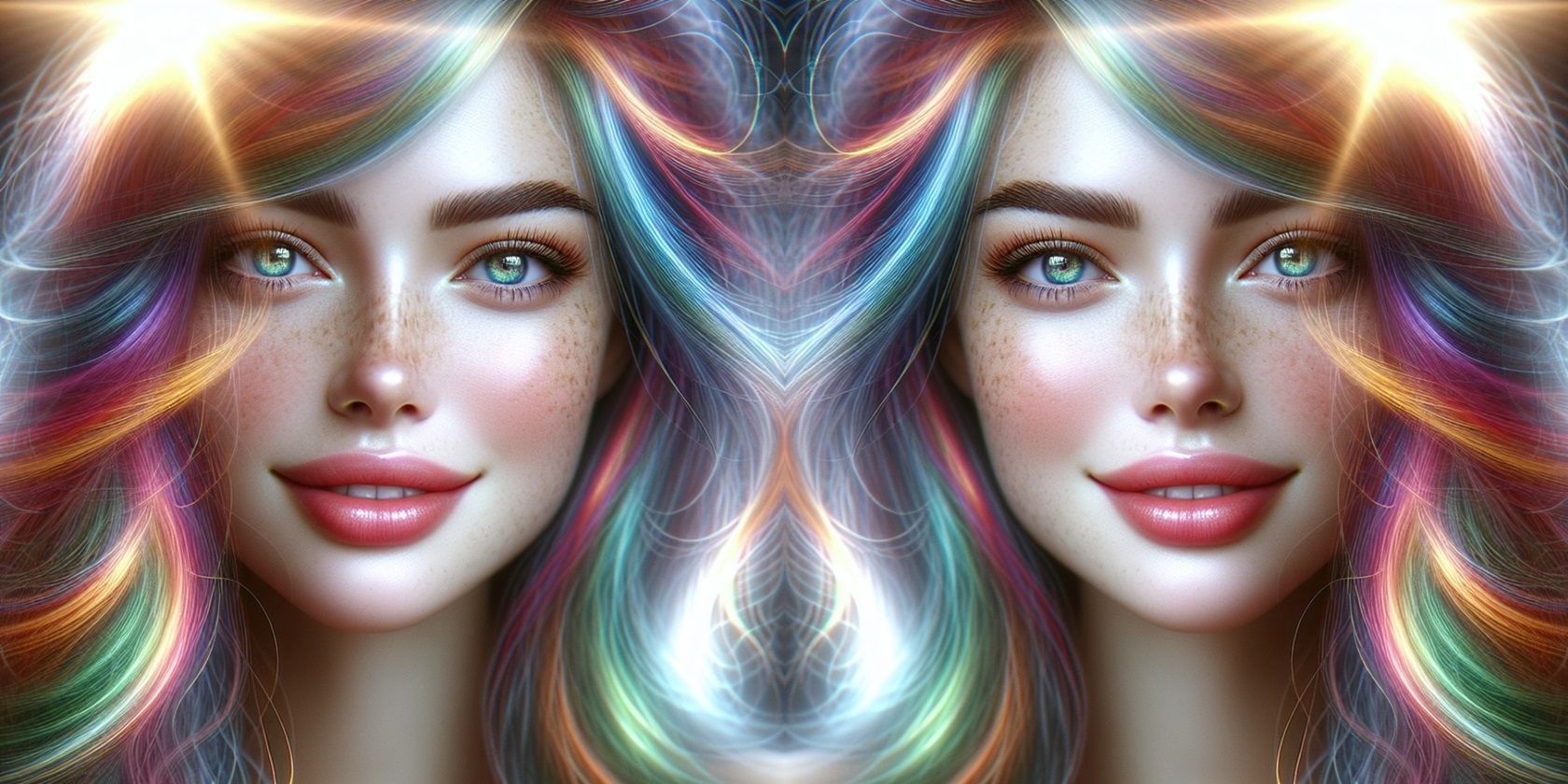 Mirrored AI Portrait of Woman With Colorful Hair