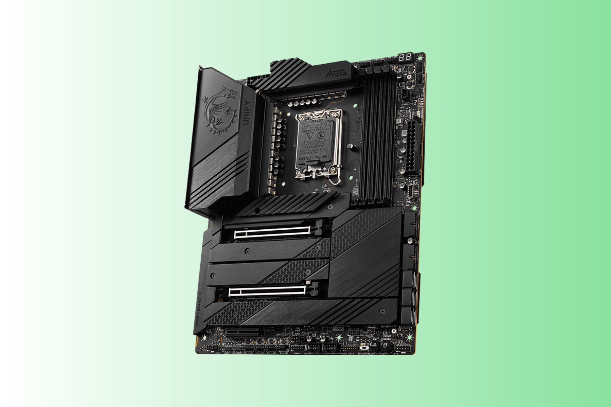 The MSI MEG Z690 UNIFY motherboard on a green background.