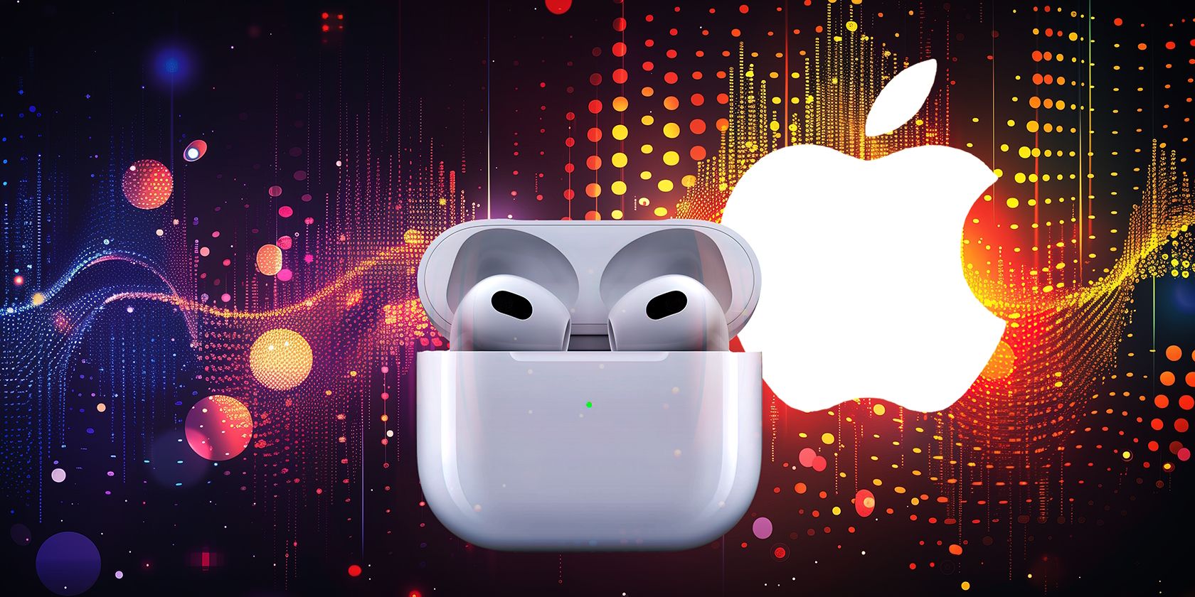 Open Apple AirPods against a vibrant digital backdrop with the Apple logo