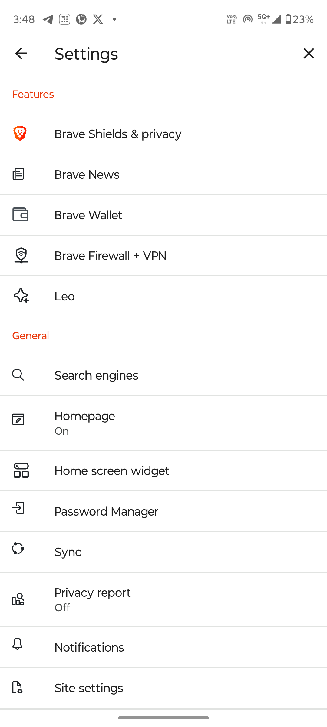 Opening Brave Shields and Privacy Page on Android
