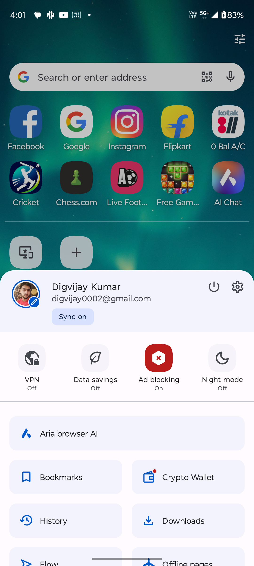 Opening Opera Settings menu on Android
