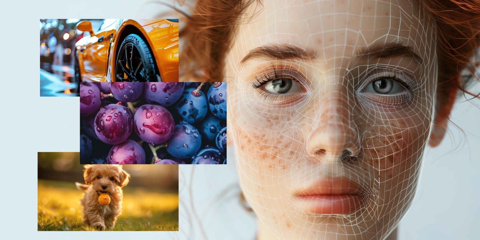 A woman's face overlaid with a mesh grid, suggesting digital facial recognition, alongside separate images of grapes, a dog, and a car wheel.
