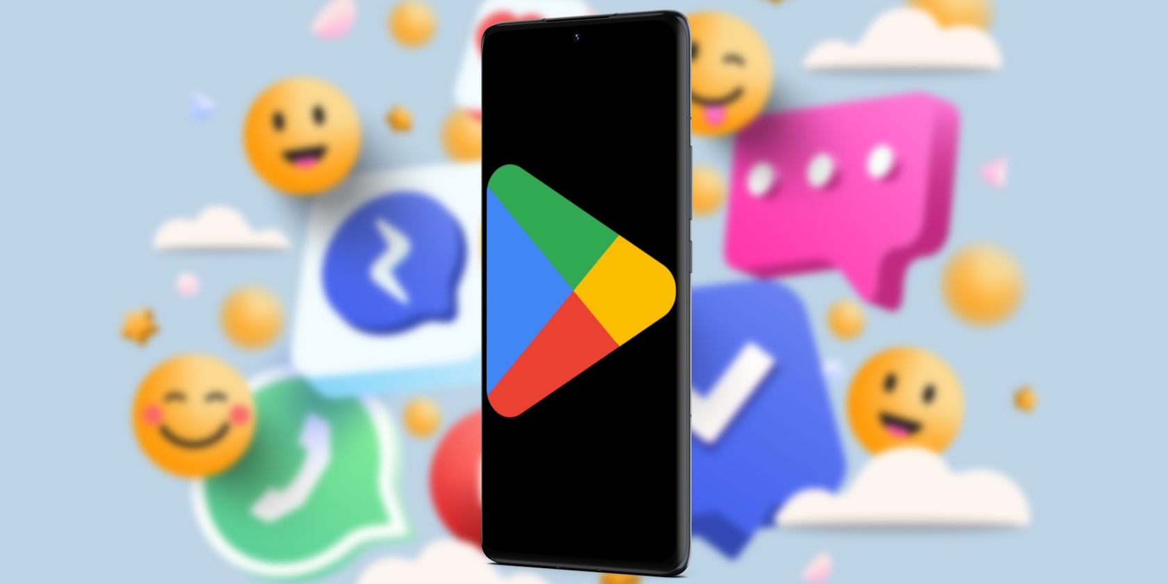 Play Store logo appearing on an Android phone with some emojis and app icons in a blurred background