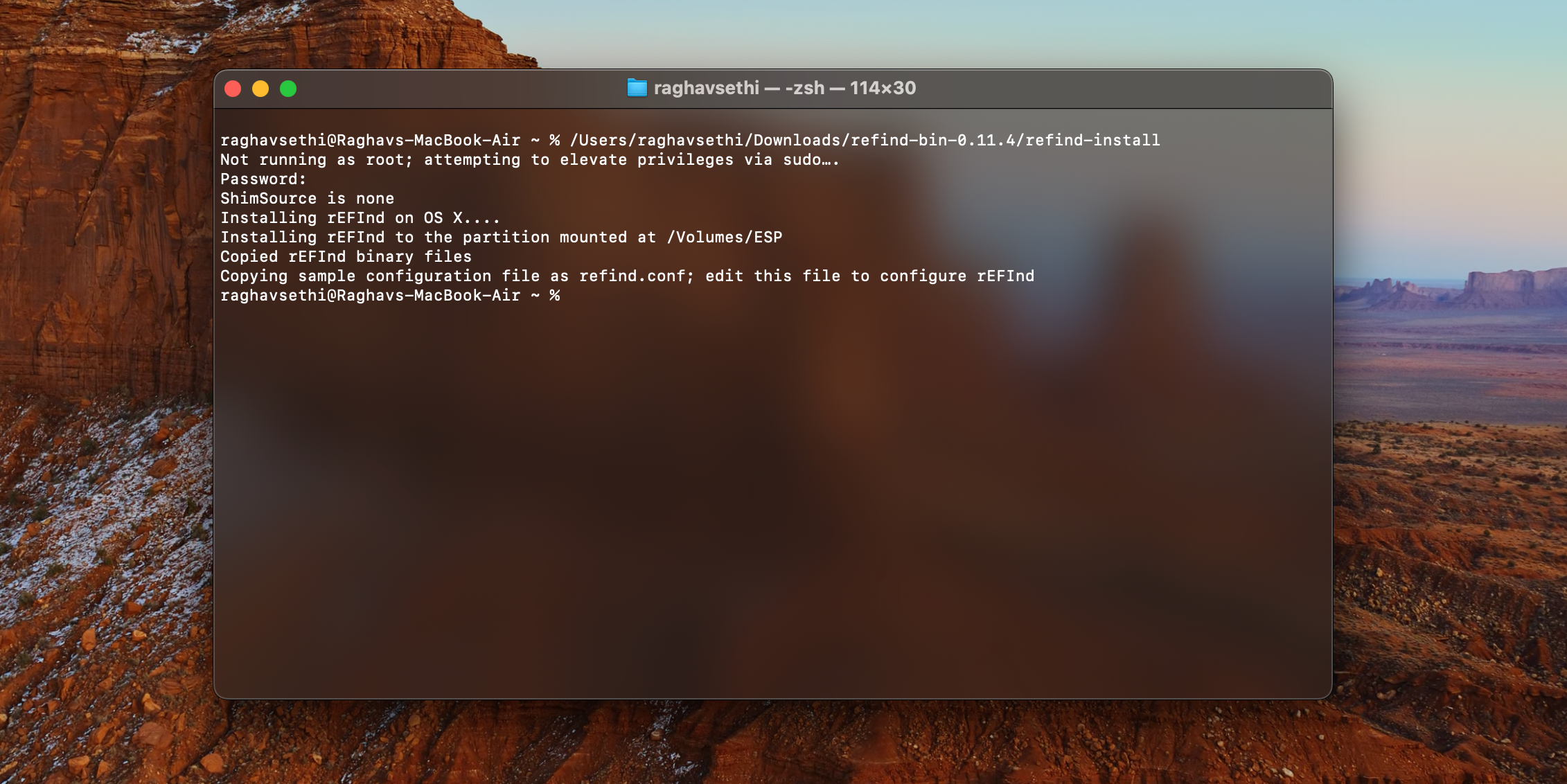 macOS terminal running the rEFInd setup