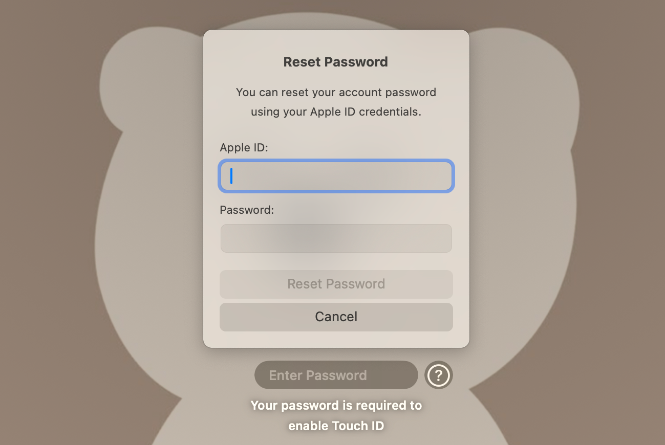 Reset Password screen on macOS login screen