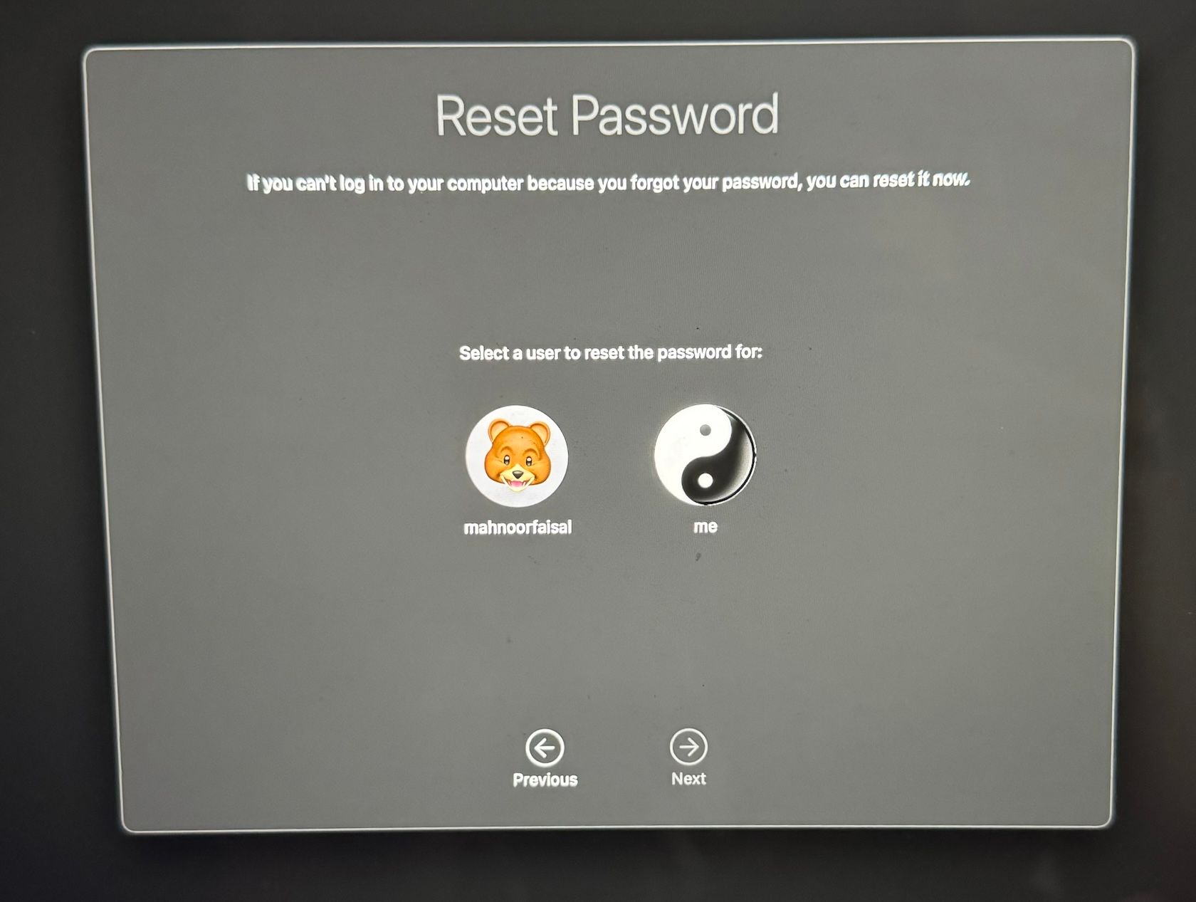 Reset Password screen showing different users on Mac