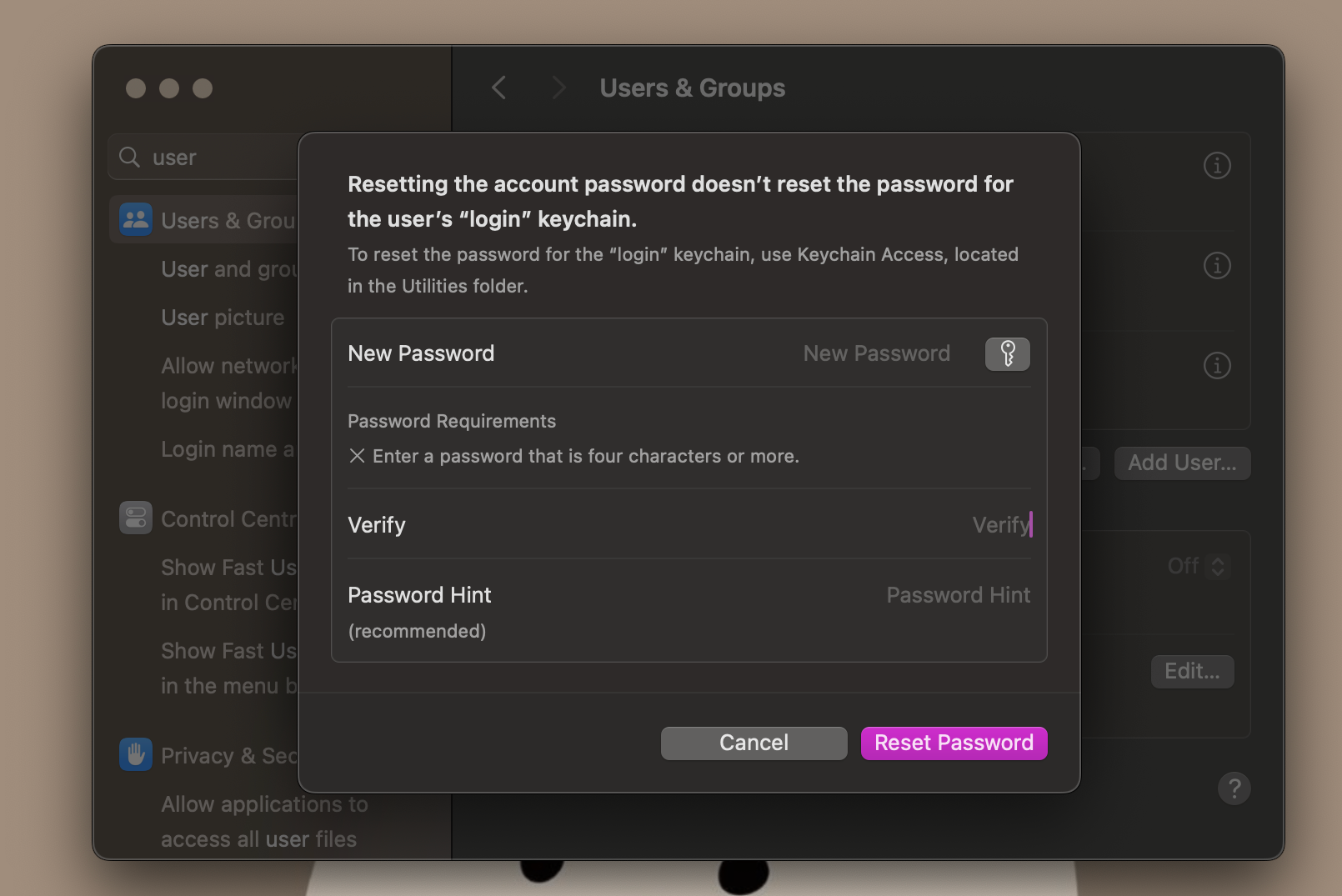 resetting another Mac user's password via System Settings