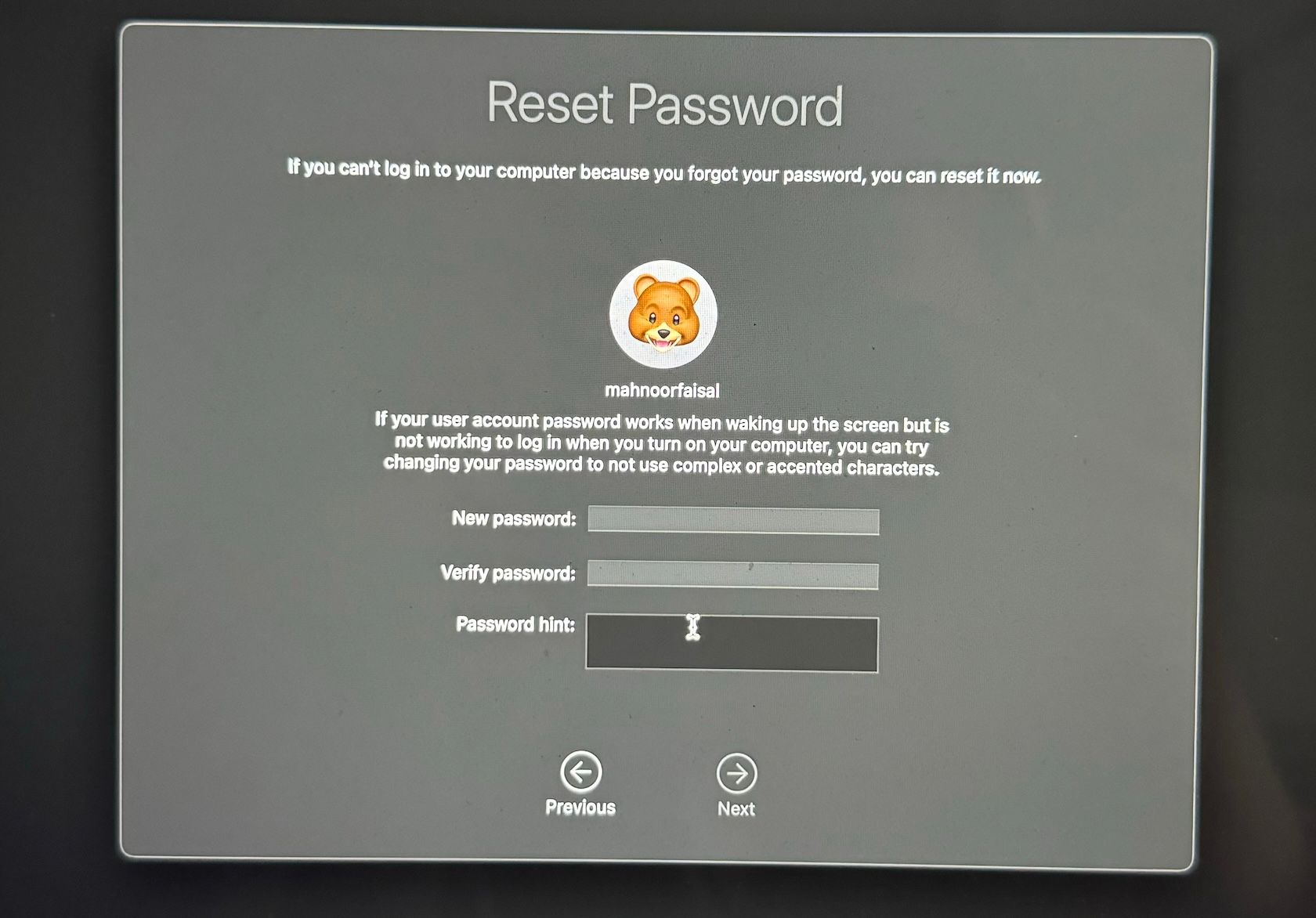 macOS recovery screen asking to enter new password twice