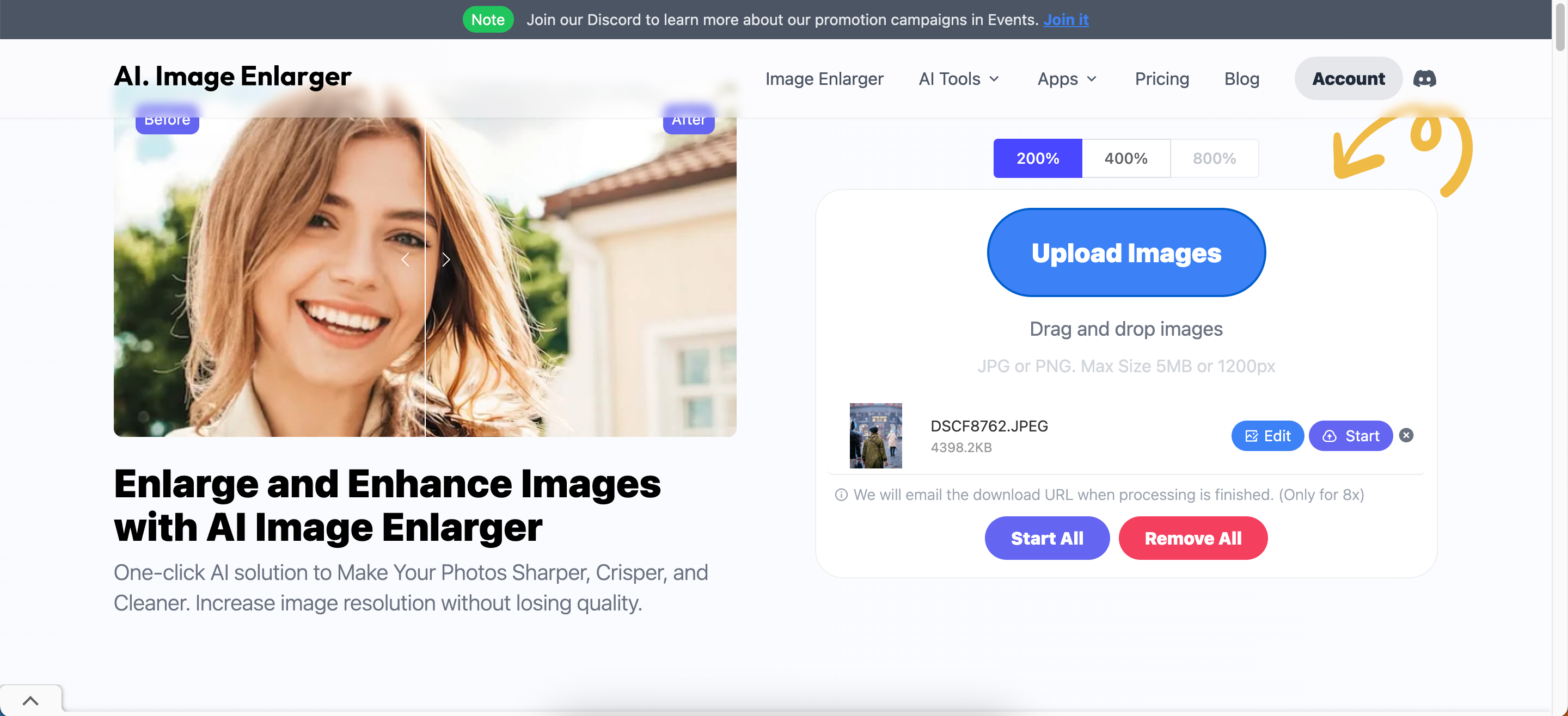 Start All button on the AI Image Enlarger website