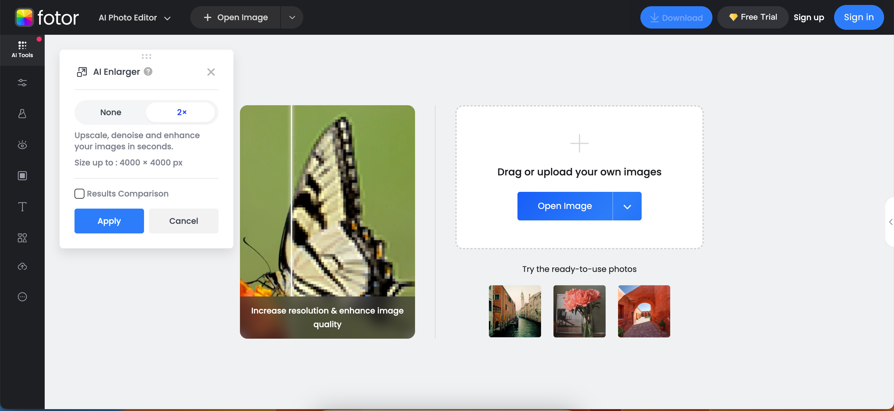 Open an image to use Fotor's AI Image Enlarger 