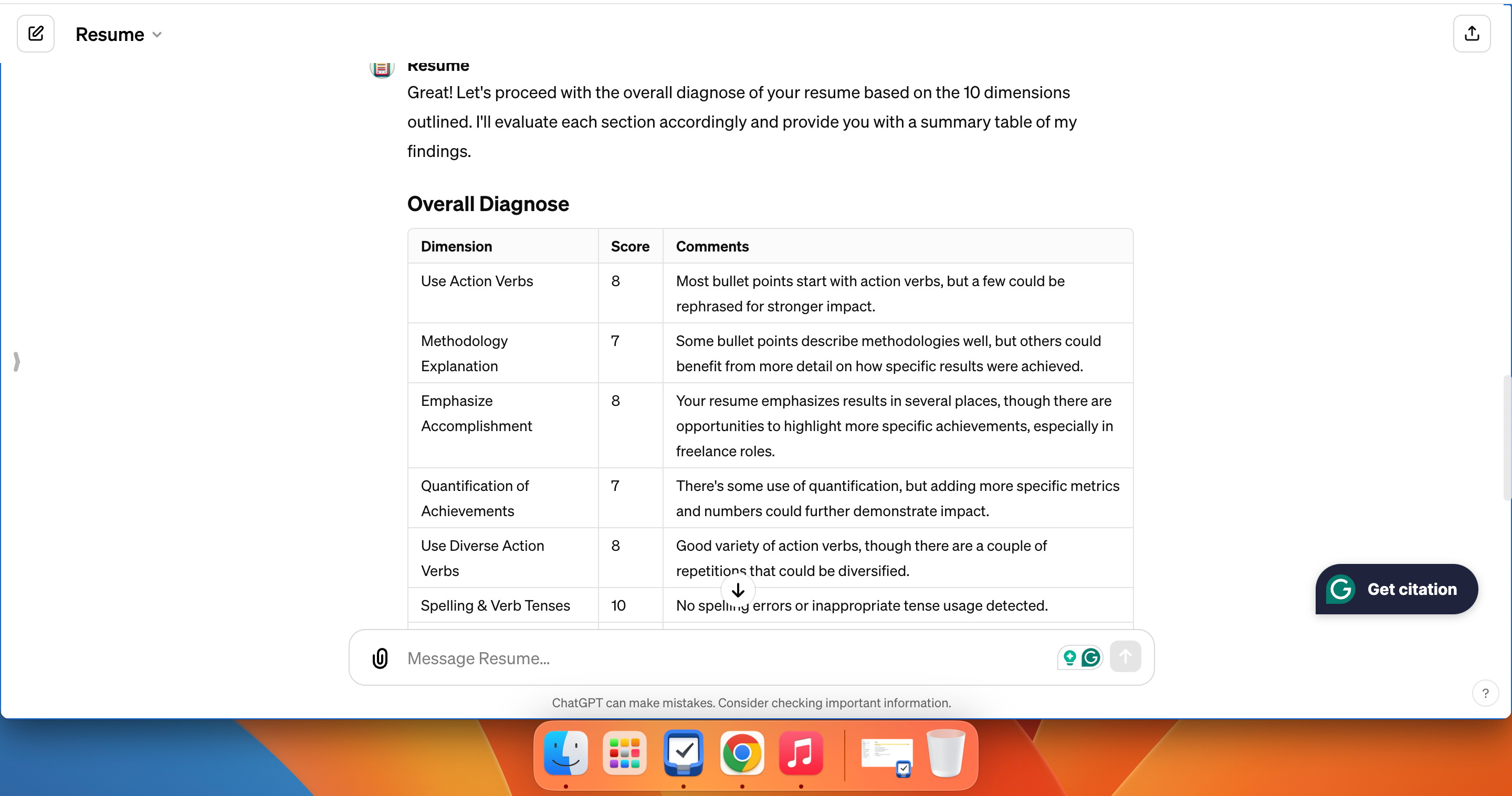 The Resume by jobbright.ai plugin offering feedback on a resume