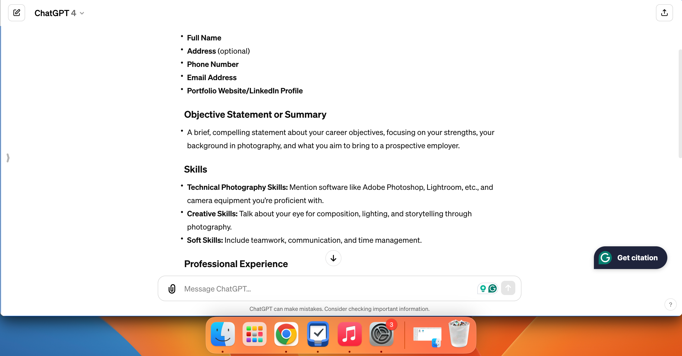A resume outline developed with ChatGPT